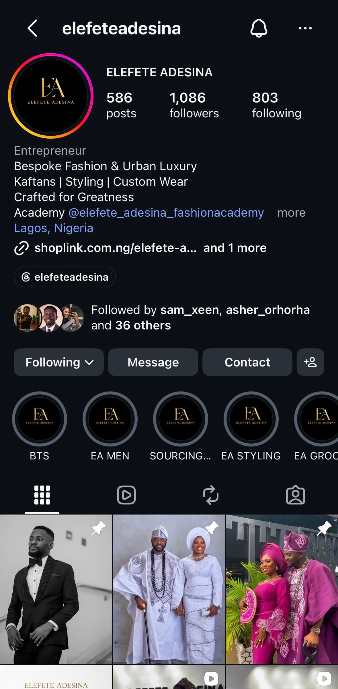 Social media profile and content for Elefete Adesina